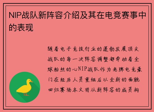 NIP战队新阵容介绍及其在电竞赛事中的表现
